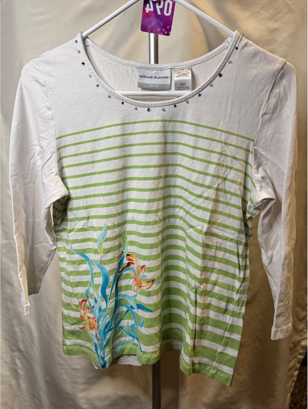 094 Alfred Dunner Petite PS White & Green Striped Floral Long Sleeve Top